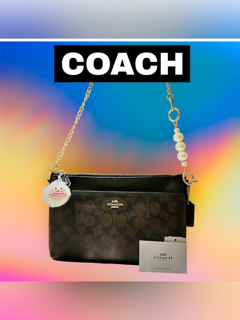 COACH Black Signature Monogram Chain Crossbody with Pearl Accent - Picture 10 of 17